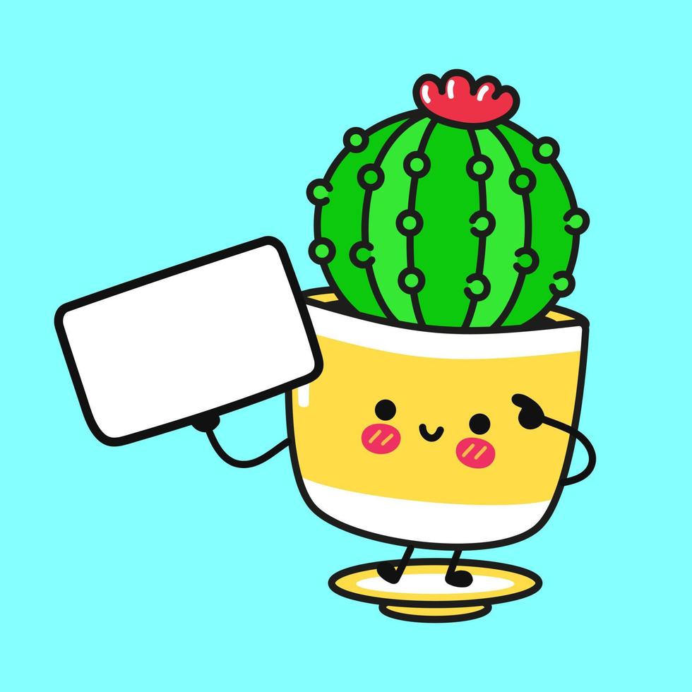 leuke grappige cactus met poster. vector hand getekend cartoon kawaii karakter illustratie pictogram. geïsoleerd op blauwe achtergrond. cactus denk concept