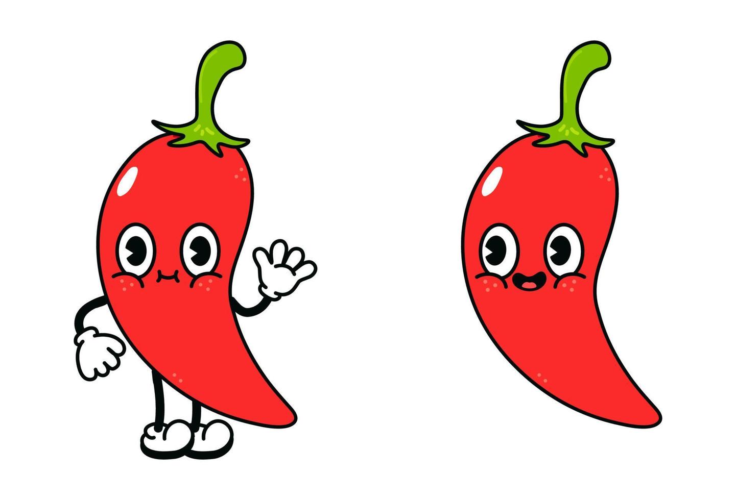 leuke grappige chili peper zwaaiende hand karakter. vector hand getekend traditionele cartoon vintage, retro, kawaii karakter illustratie pictogram. geïsoleerd op een witte achtergrond. chili peper karakter concept