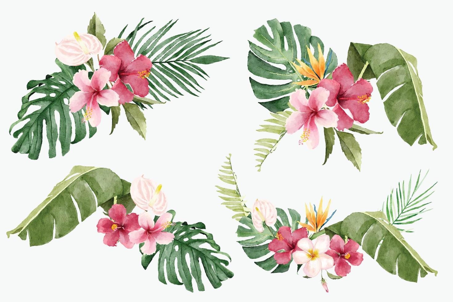 aquarelboeketten van tropische bloemen en exotische bladeren vector