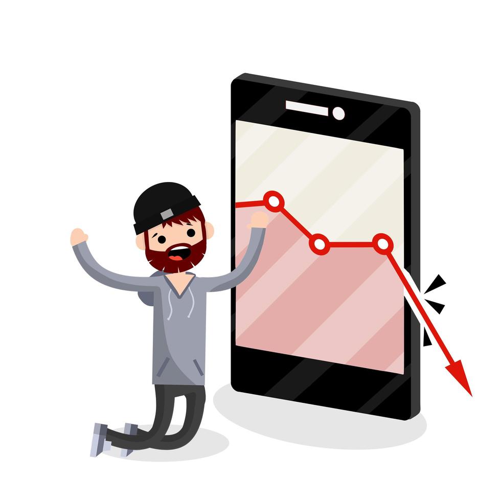 grote mobiele telefoon met dalende rode zakelijke grafiek. trieste jonge blogger vector