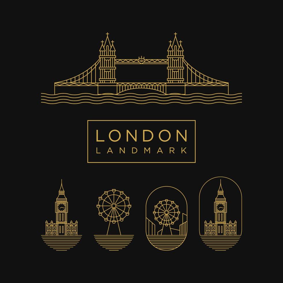 gouden londen landmark met lijnstijl ingesteld logo pictogram ontwerpsjabloon. lijn, elegante, luxe, moderne vectorillustratie vector