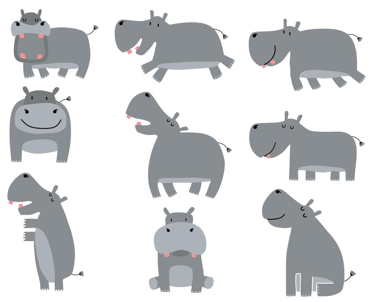 set van verschillende nijlpaarden op een witte achtergrond. vector