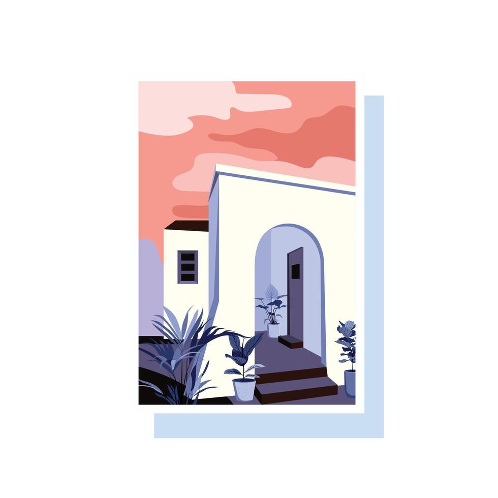 een posterafbeelding met een villa in mediterrane stijl bij zonsopgang vector