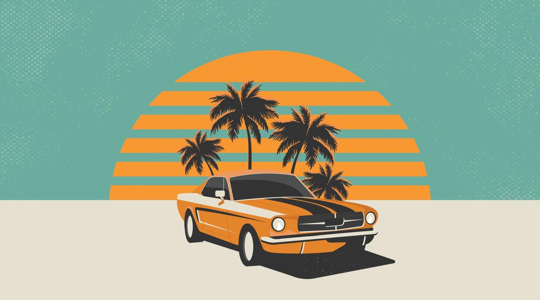 vectorillustratie van een Amerikaanse muscle car met zonsondergang en retro-stijl palmbomen met vintage kleuren vector