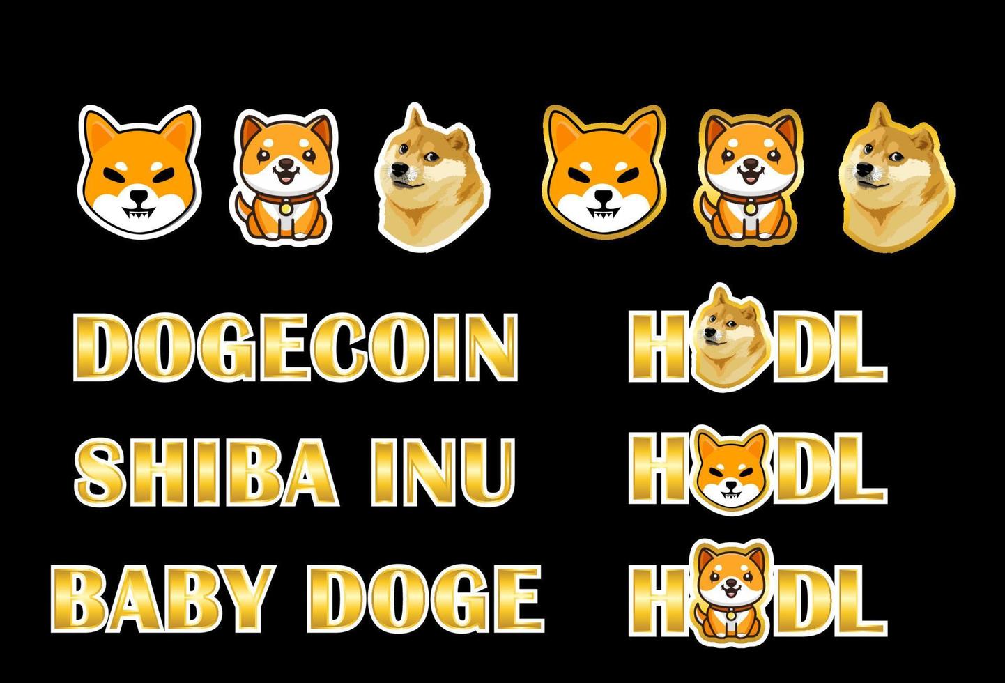 set van dogecoin meme crypto valuta shiba inu, baby doge vector