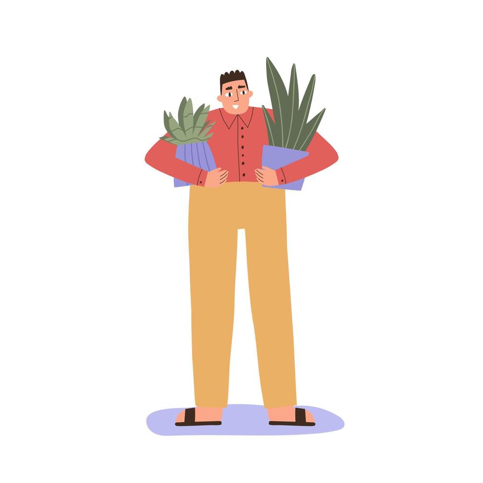 man met bloemen. kamerplanten kopen. platte hand getekende illustratie. vector