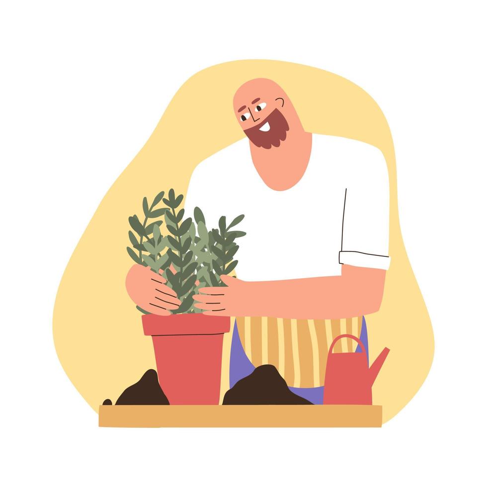 een man zorgt voor kamerplanten in potten. platte hand getekende illustratie. vector