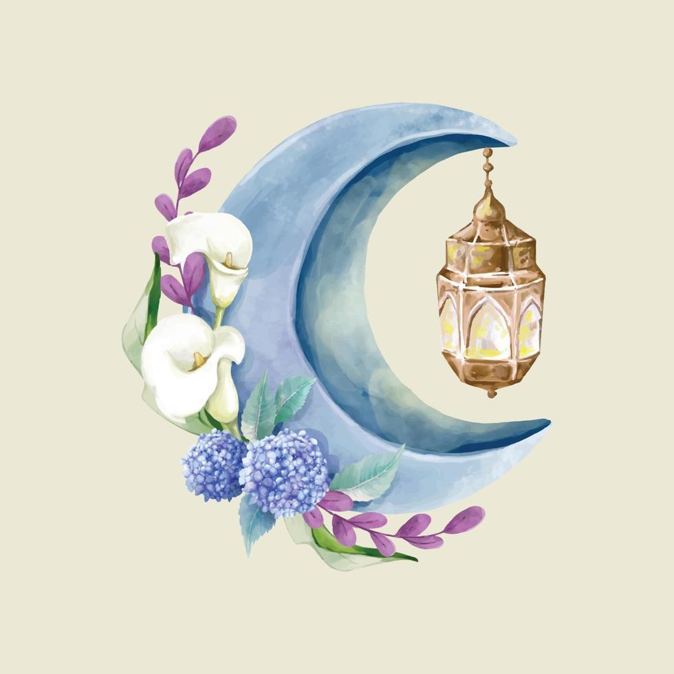 islamitische maan met lantaarn en bloem in aquarel vector