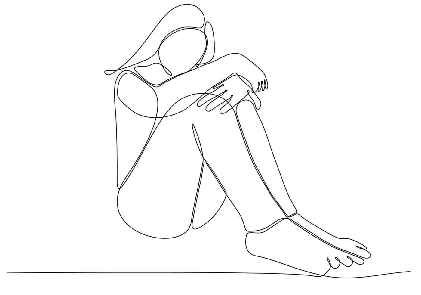 continue lijntekening van een jonge vrouw die zich verdrietig, moe en bezorgd voelt en lijdt aan depressie in de geestelijke gezondheid vectorillustratie vector