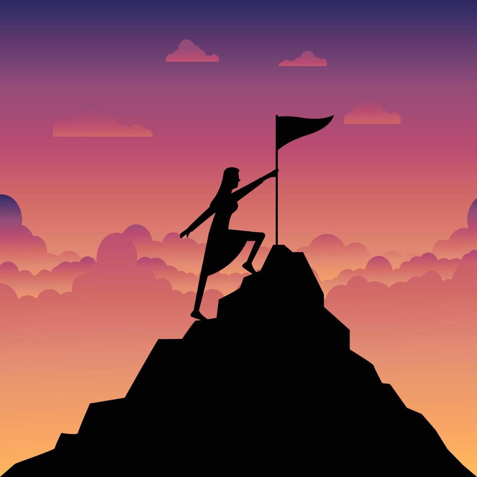 vrouw met een vlag op de top van de berg vector