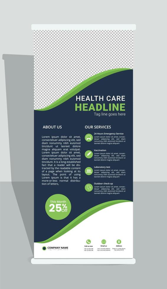 moderne en platte roll-up banner ontwerpsjabloon voor gezondheidszorg en medisch. internationale maat breedte 30 in hoogte 70 in met afloopgebied vector