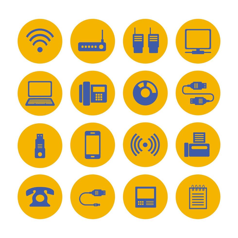 pictogrammen zakelijke communicatie. een set internetpictogrammen met verschillende media-objecten. computer, telefoon, communicatie en communicatie en presentatie van zakelijke ideeën. vector