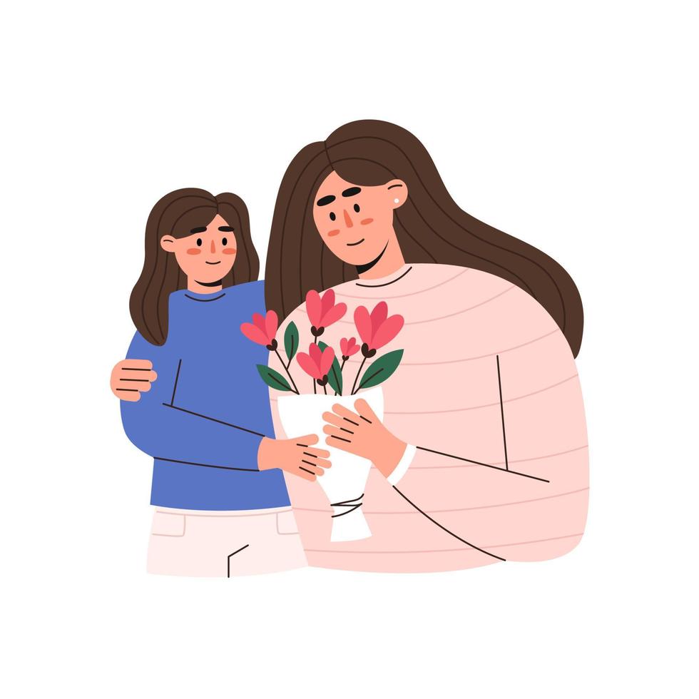 moeder knuffelt haar dochter met liefde vector
