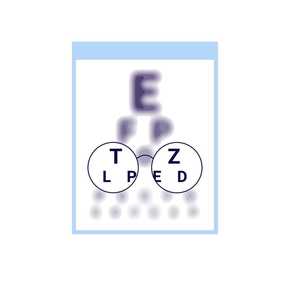 testtafel met duidelijkheid visie oog in bril en wazig zicht buiten, kaart check eyevision. slechtziendheid, bijziendheidcorrectie. vector illustratie