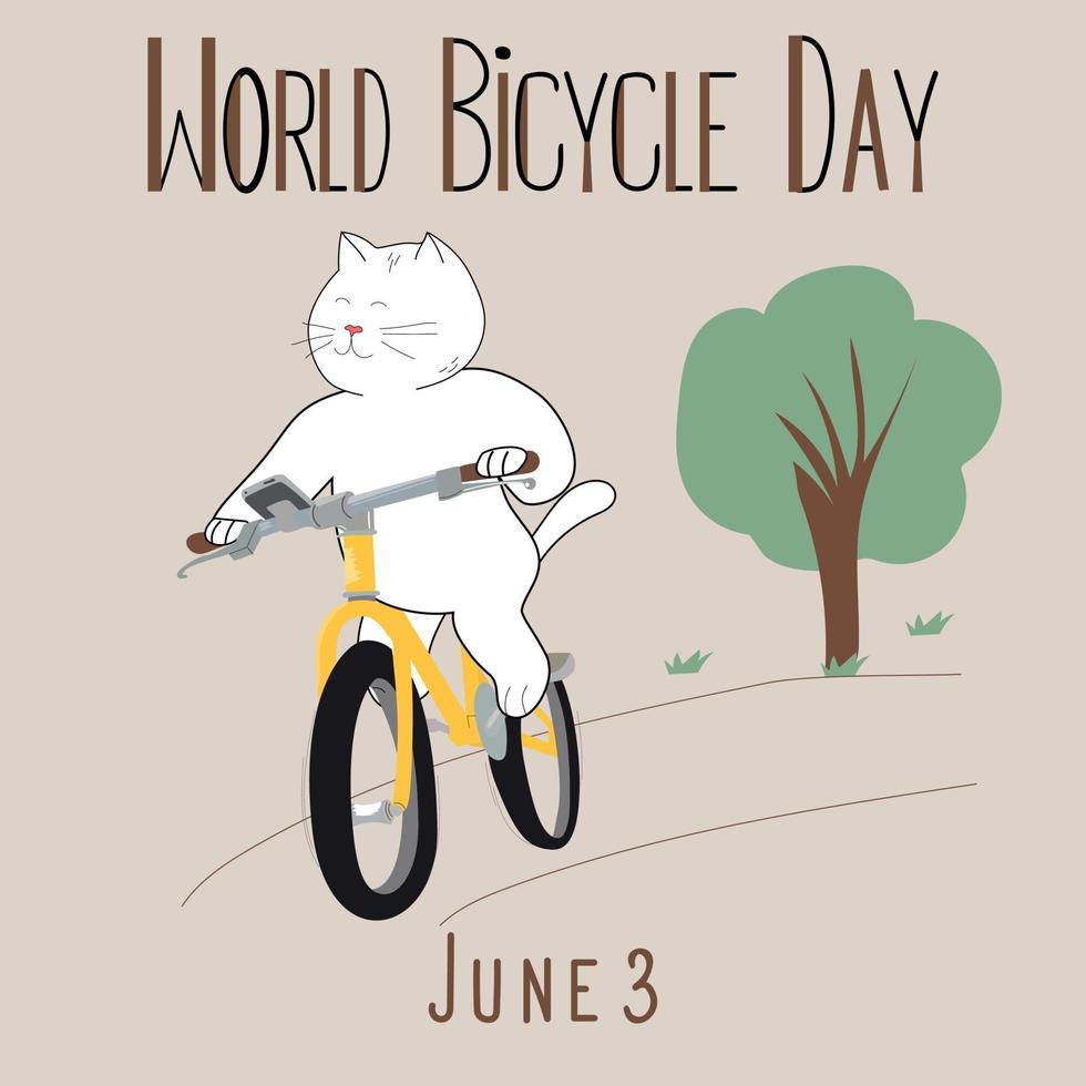 wereld fietsdag met cartoonkat vector