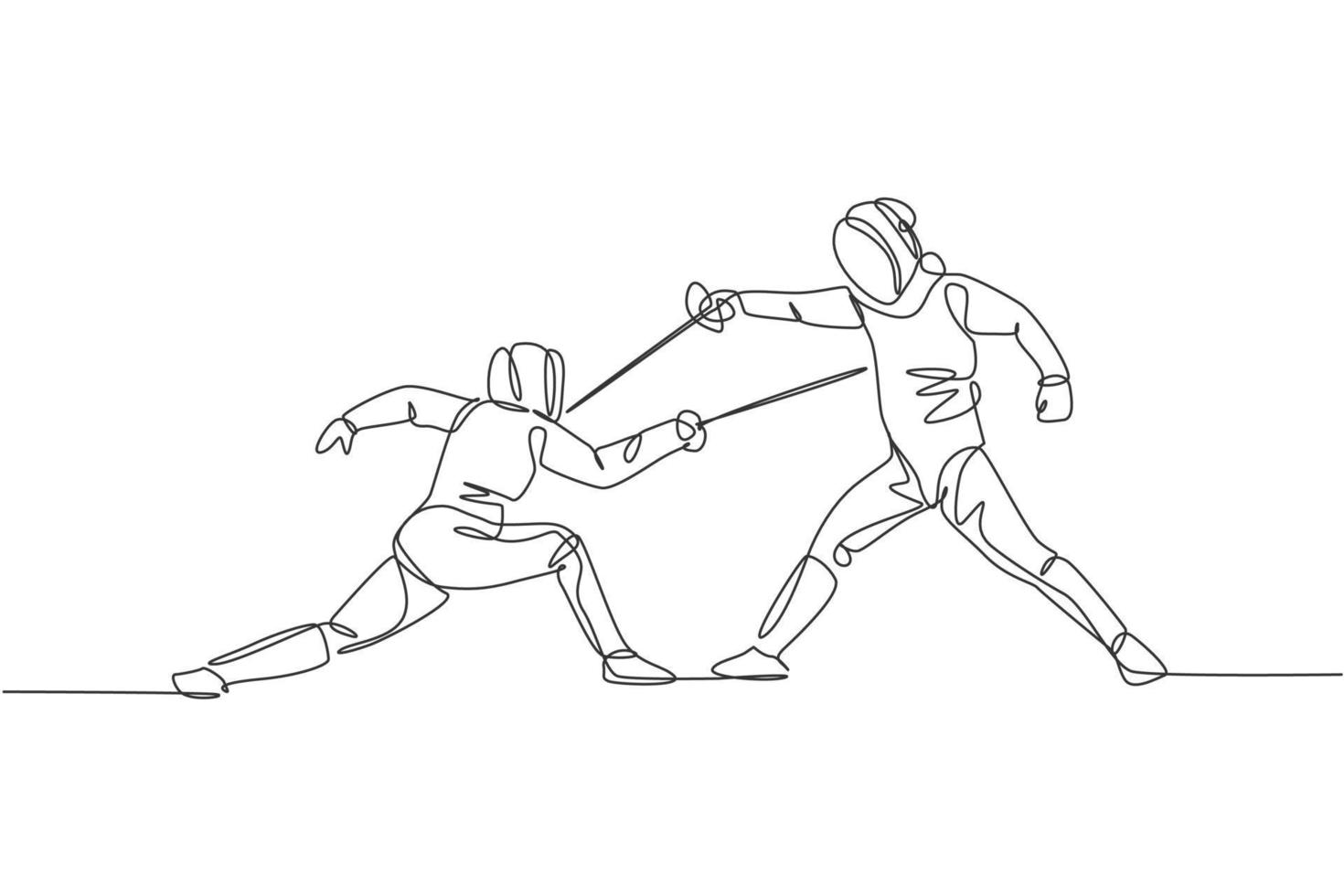 een enkele lijntekening van twee jonge mannen schermer atleet in schermen kostuum oefening beweging op sport arena vectorillustratie. strijdlustig en vechtsportconcept. modern ononderbroken lijntekeningontwerp vector