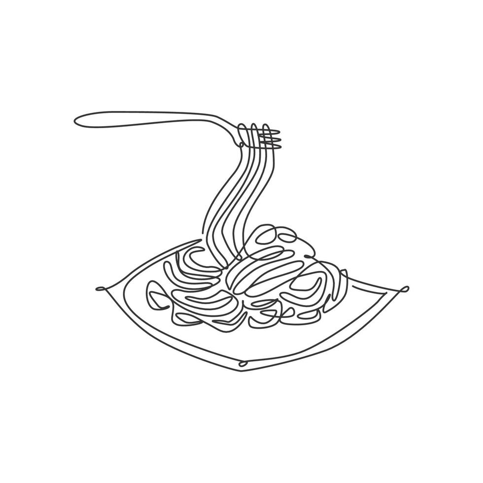 een enkele lijntekening van verse heerlijke Italiaanse spaghetti logo vectorillustratie. pasta fastfood café menu en restaurant badge concept. modern doorlopende lijntekening ontwerp straatvoedsel logotype vector
