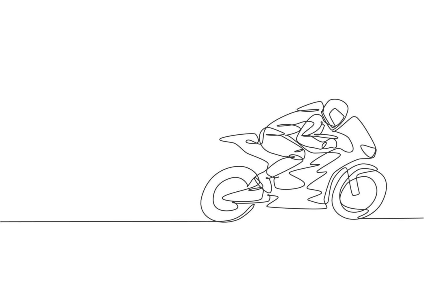 een enkele lijntekening van jonge moto racer praktijk om de snelheidsfiets te verbeteren op circuit vectorillustratie. superbike raceconcept. modern ononderbroken lijntekeningontwerp voor banner voor motorracer-evenementen vector