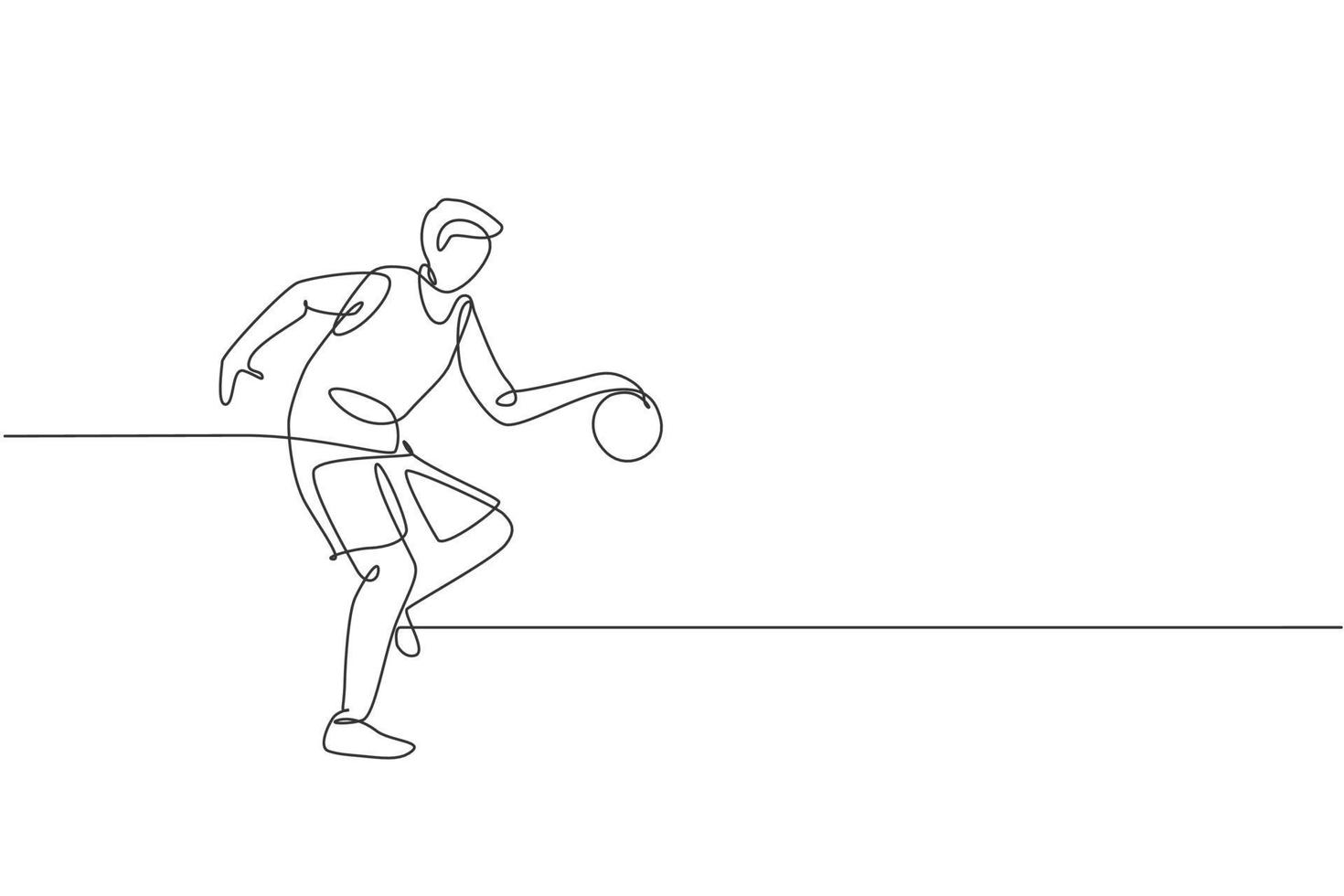 één enkele lijntekening van jonge energieke basketbalspeler trein bij Hof grafische vectorillustratie. sport competitie concept. modern ononderbroken lijntekeningontwerp voor poster voor basketbaltoernooien vector