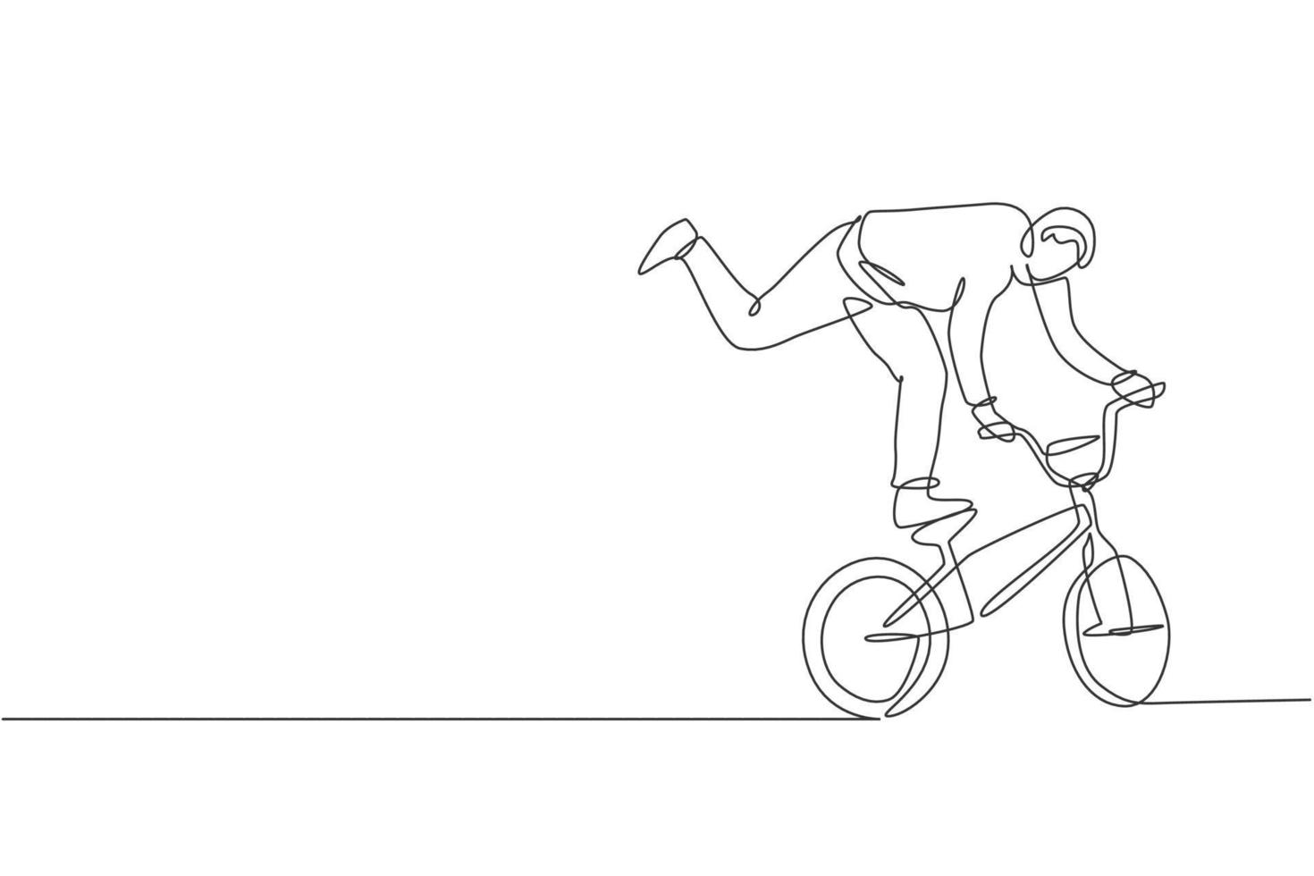 een enkele lijntekening van jonge bmx fietser die freestyle truc uitvoert op straat vectorillustratie. extreem sportconcept. modern ononderbroken lijntekeningontwerp voor freestyle-wedstrijdbanner vector