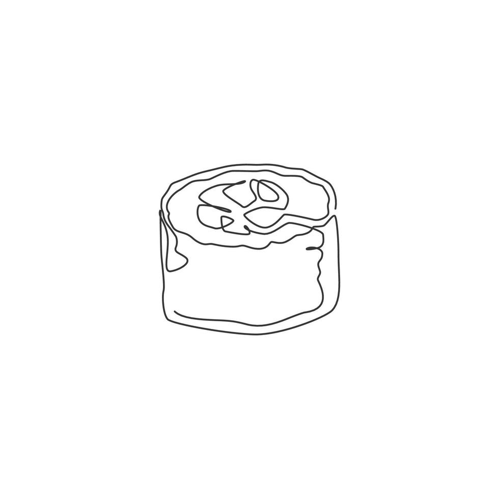 enkele doorlopende lijntekening van gestileerd japans maki sushi bar logo label. embleem zeevruchten restaurant concept. moderne één lijntekening ontwerp vectorillustratie voor winkel of voedselbezorgservice vector