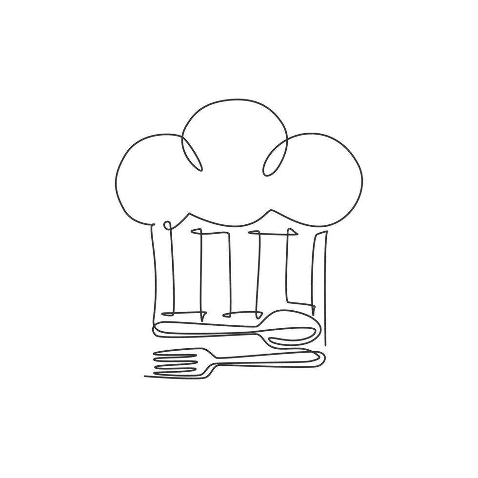 een doorlopende lijntekening van chef-kok hoed met vork en lepel voor restaurant logo embleem. café winkel logo sjabloon kunst concept. moderne enkele lijn tekenen ontwerp grafische vectorillustratie vector