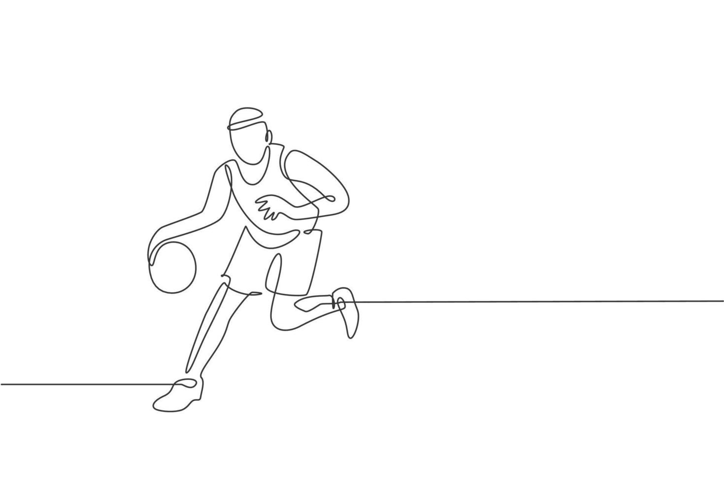een doorlopende lijntekening van een jonge basketbalspeler die oefent en traint op het veld. teamsportconcept. dynamische enkele lijn tekenen ontwerp vectorillustratie voor kampioenschap wedstrijd poster vector
