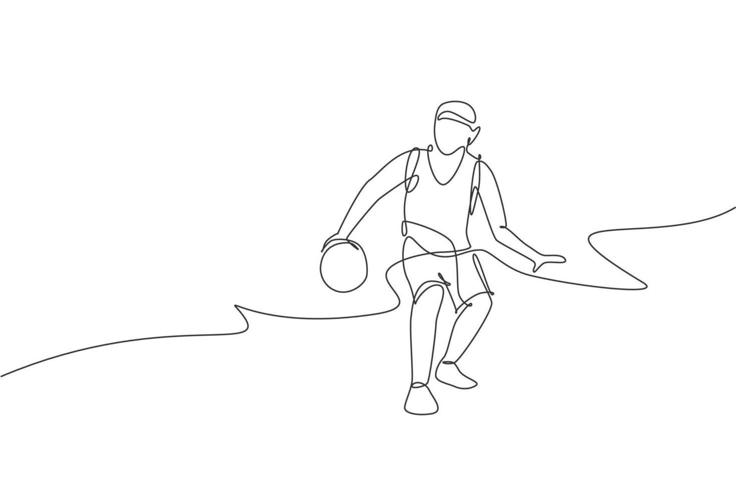 een doorlopende lijntekening van een jonge basketbalspeler die traint op het veld. teamsportconcept. dynamische enkele lijn tekenen ontwerp grafische vectorillustratie voor sport competitie poster en banner vector