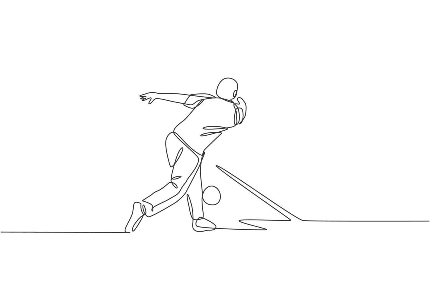 enkele doorlopende lijntekening van jonge gelukkige bowlingspeler man gooit bowlingbal om pinnen te raken. sport hobby doen in vrije tijd concept. trendy één lijn tekenen ontwerp vector illustratie afbeelding