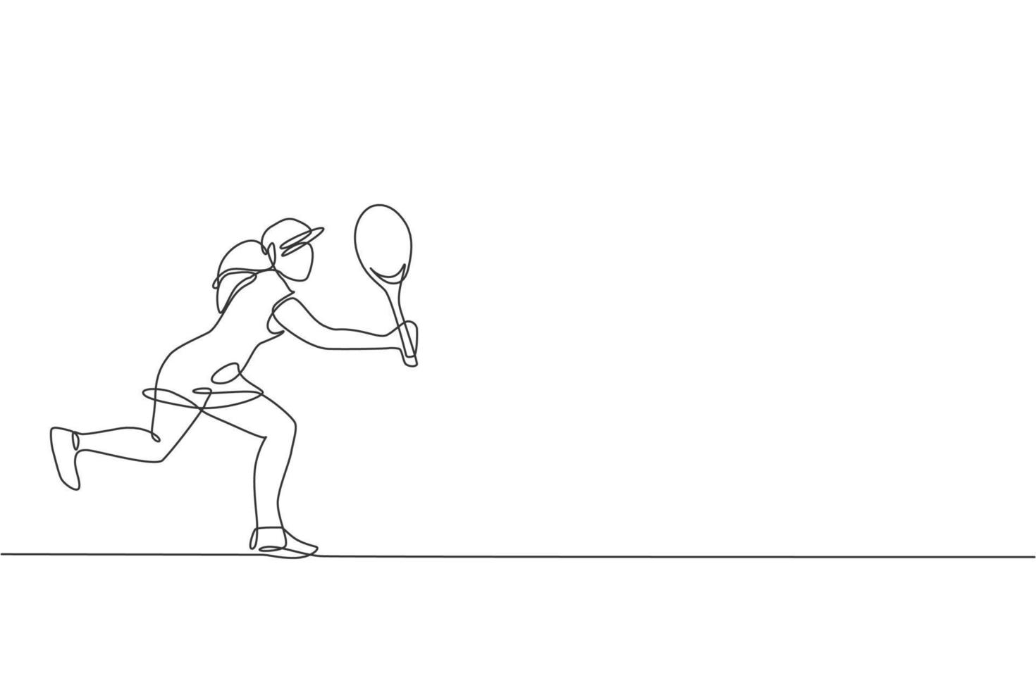 een enkele lijntekening van jonge energieke tennisser sloeg de bal grafische vectorillustratie. sporttrainingsconcept. modern ononderbroken lijntekeningontwerp voor spandoek en poster voor tennistoernooien vector