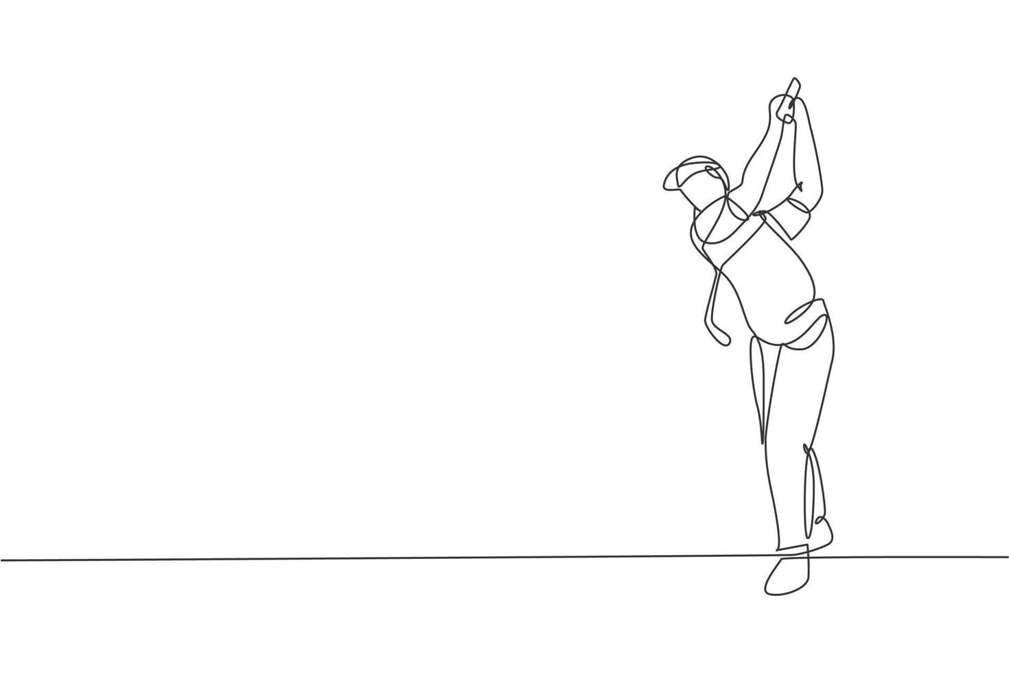een doorlopende lijntekening van een jonge golfspeler die golfclub zwaait en de bal raakt. vrijetijdssport concept. dynamische enkele lijn tekenen ontwerp vector illustratie afbeelding voor toernooi promotie media