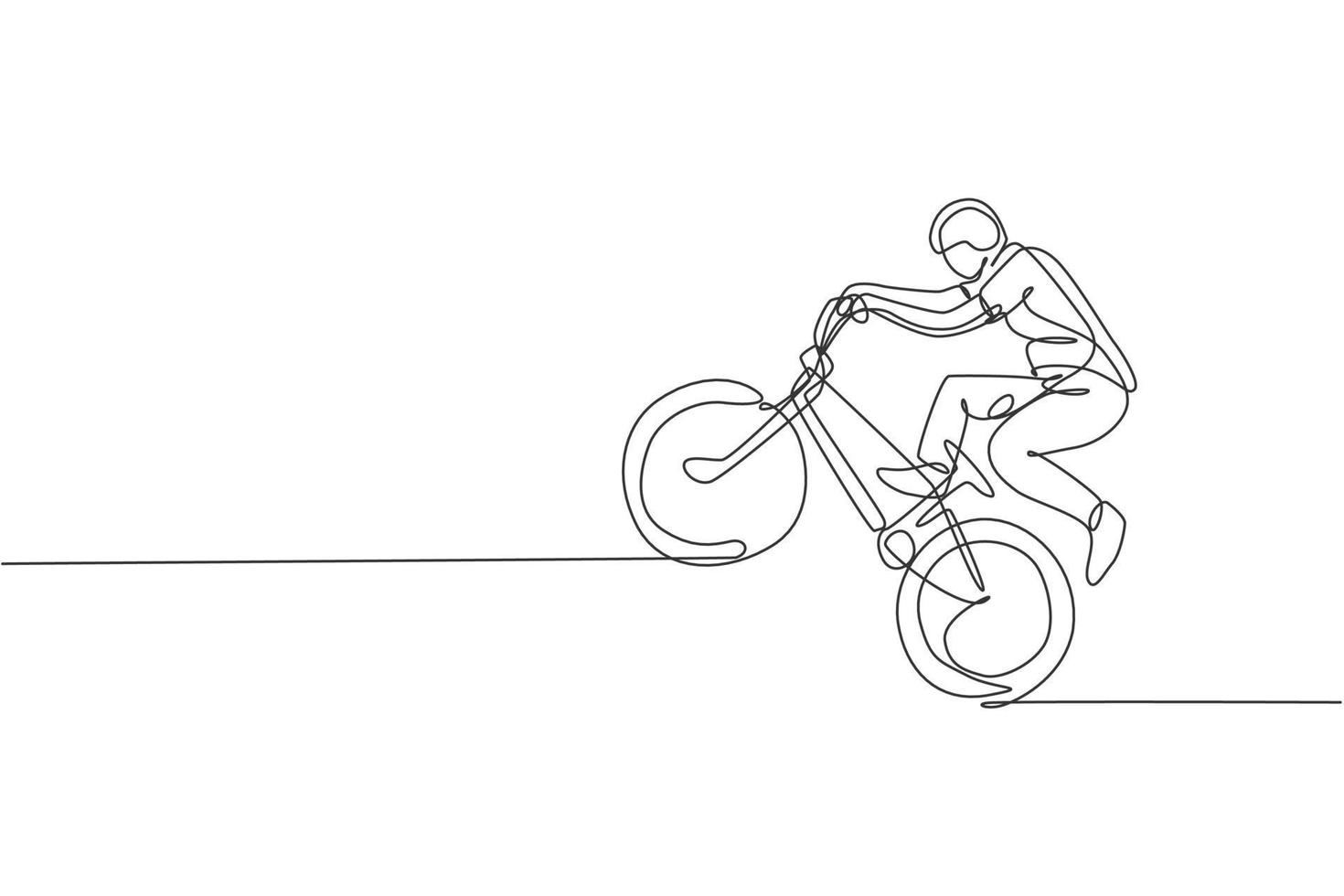 enkele doorlopende lijntekening van jonge bmx-fietser toont extreem riskante truc in skatepark. bmx freestyle-concept. trendy één lijn tekenen ontwerp vectorillustratie voor freestyle promotie media vector