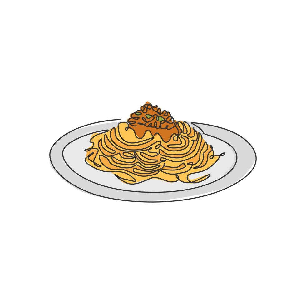enkele doorlopende lijntekening van gestileerd Italiaans spaghetti-logolabel. italië pasta noodle restaurant concept. moderne één lijntekening ontwerp vectorillustratie voor café, winkel of voedselbezorgservice vector