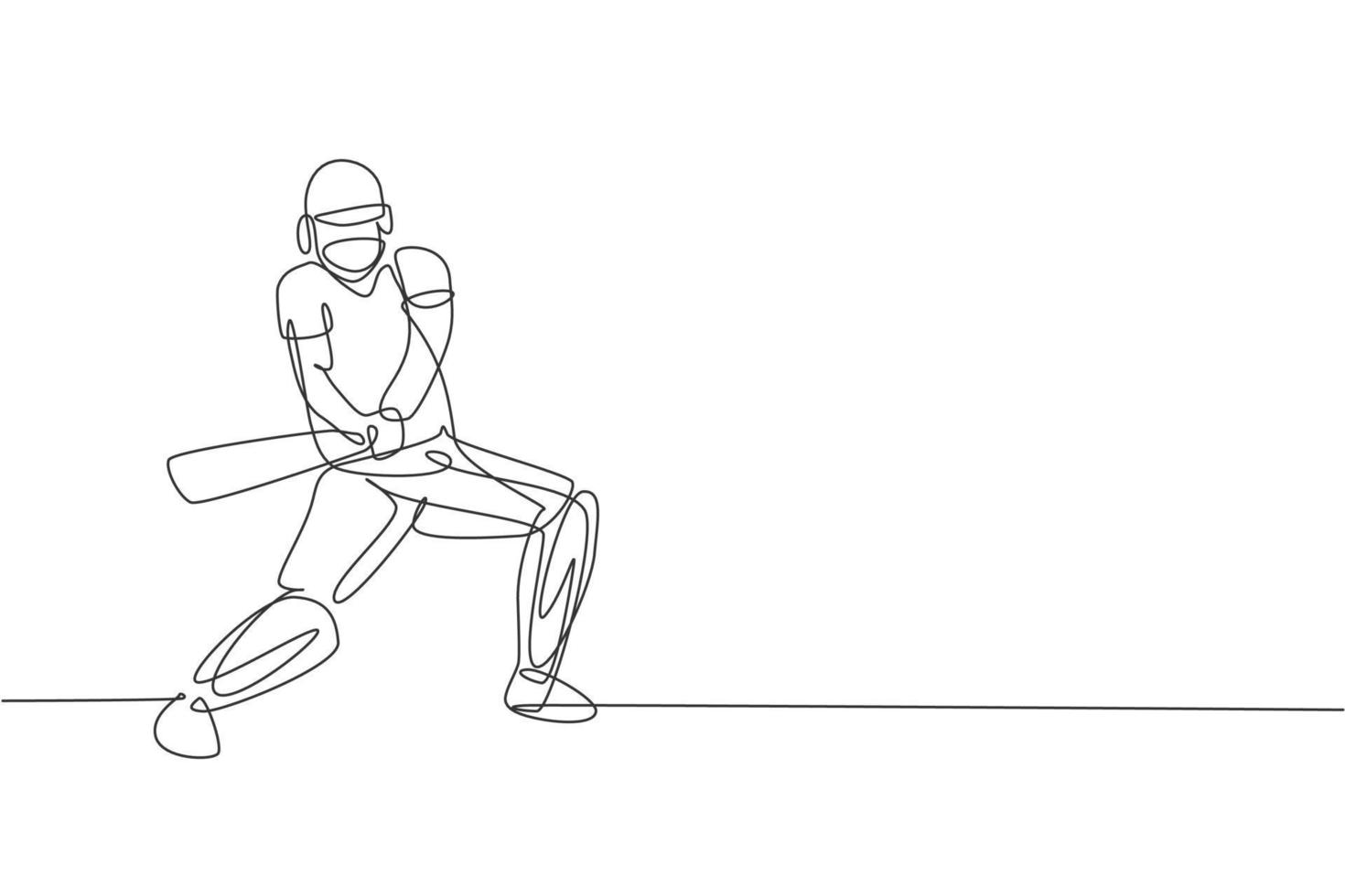 enkele doorlopende lijntekening van een jonge behendige cricketspeler die klaar staat om de bal te raken vectorillustratie. sport oefening concept. trendy ontwerp met één regel voor cricketpromotiemedia vector