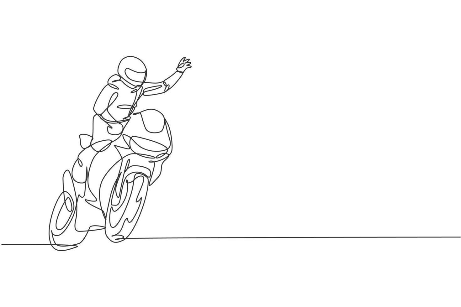 een doorlopende lijntekening van een jonge motorcoureur zwaait met zijn hand naar de toeschouwers. super fiets race concept grafische vectorillustratie. dynamisch ontwerp met één lijntekening voor promotieposter voor motorraces vector