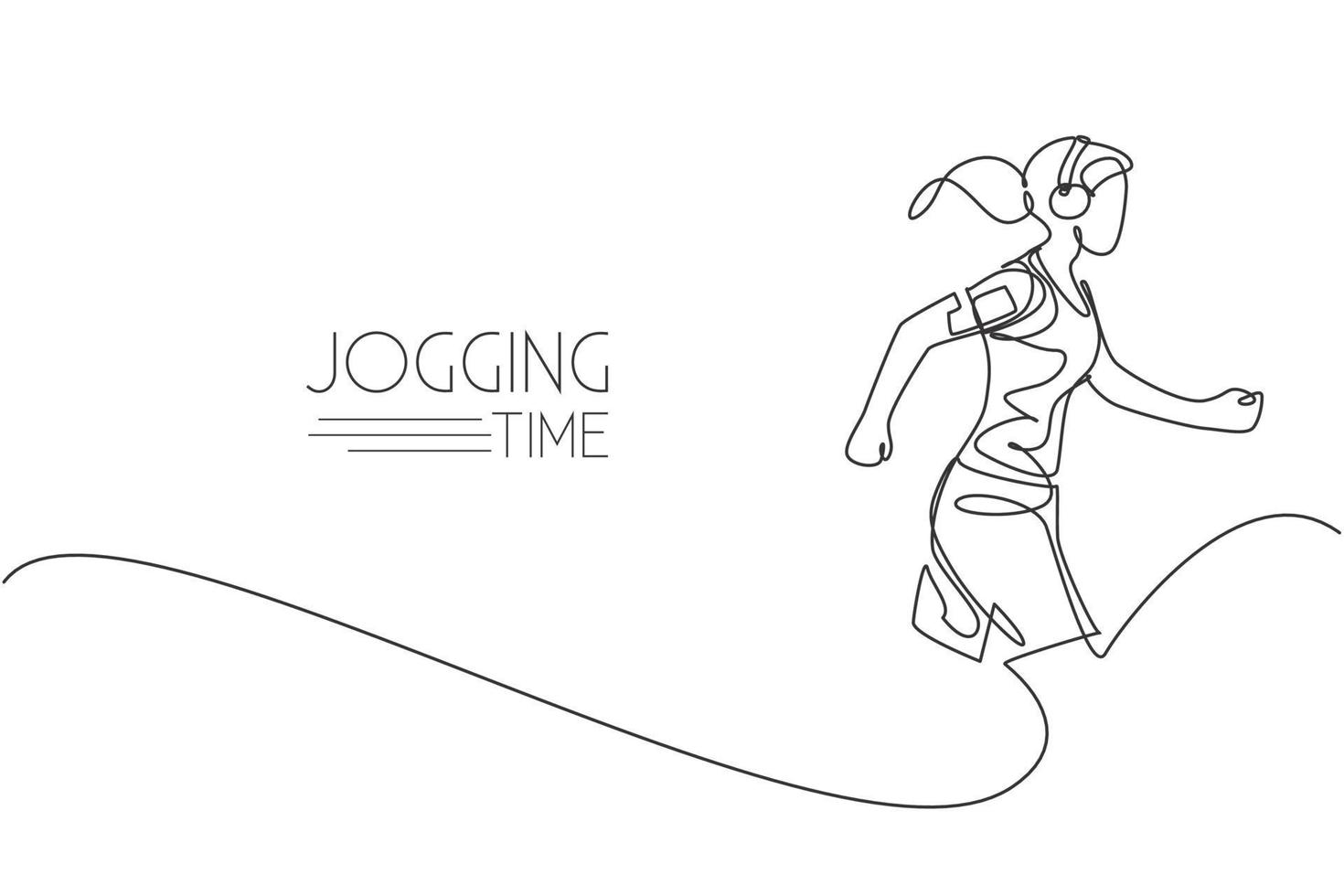 een enkele lijntekening van jonge, energieke vrouw runner run ontspannen met muziek van smartphone vectorillustratie. gezond sporttrainingsconcept. modern ononderbroken lijntekeningontwerp voor lopende banner vector