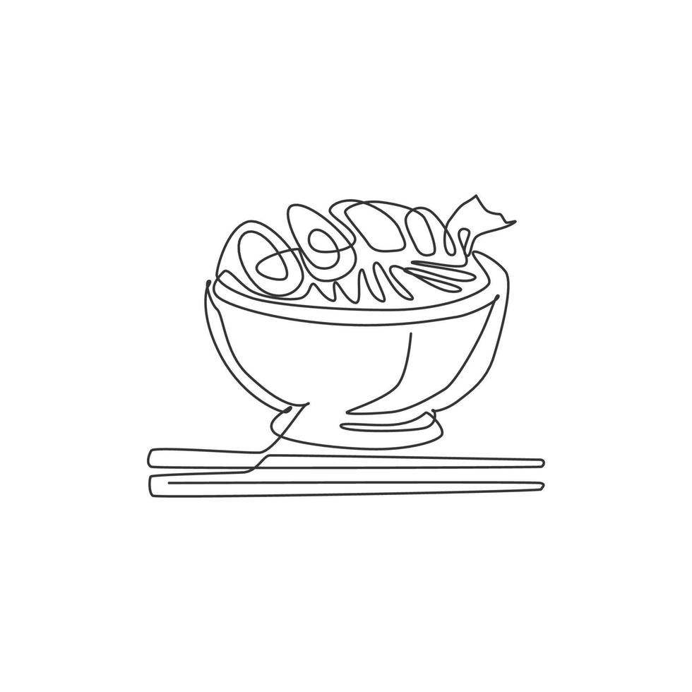 een doorlopende lijntekening van vers heerlijk japans ramen restaurant logo embleem. fast food japan noodle café winkel logo sjabloon concept. moderne enkele lijn tekenen ontwerp vectorillustratie vector