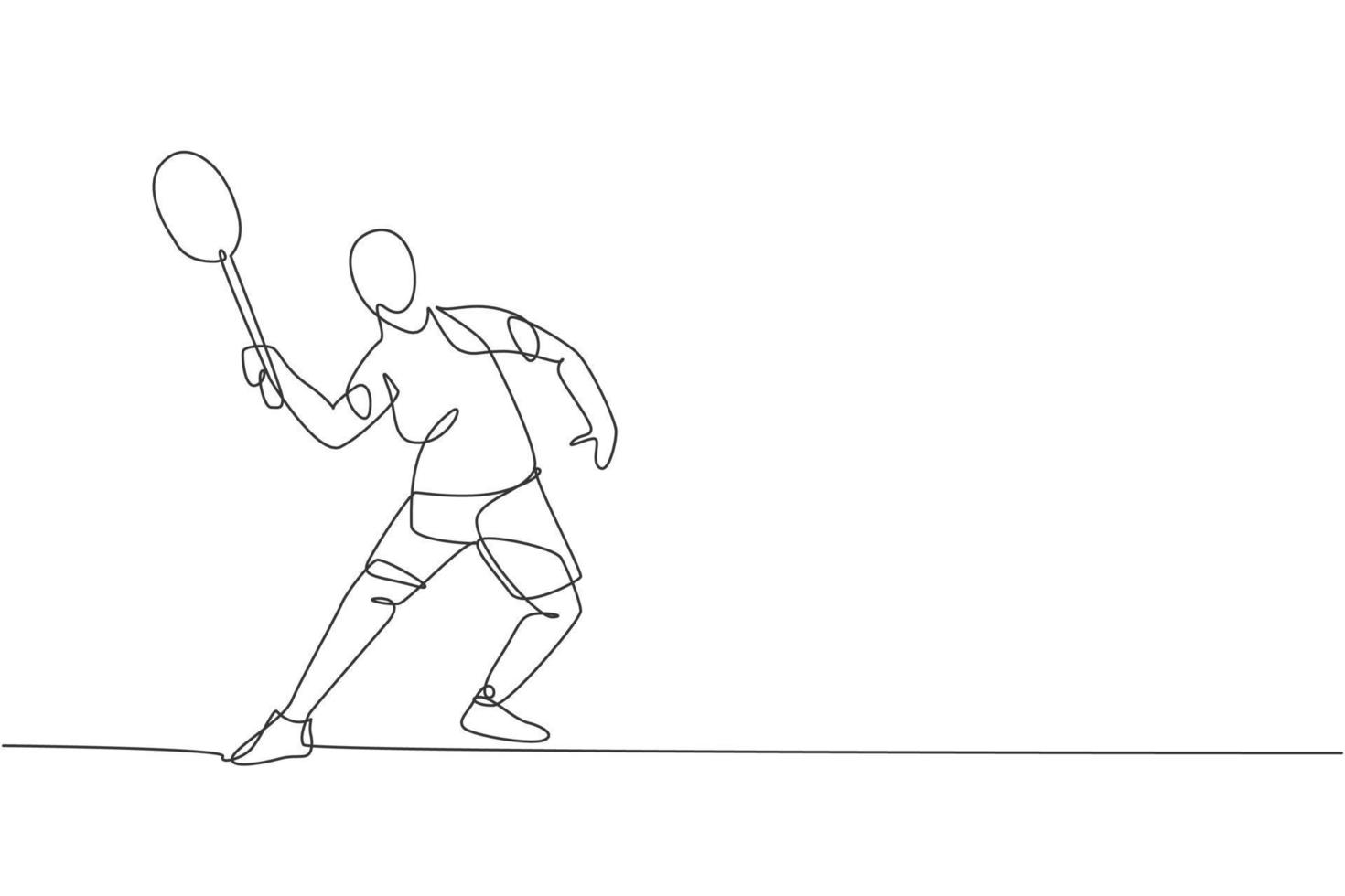 een enkele lijntekening van jonge energieke badmintonspeler springen en smash shuttle vectorillustratie. gezond sportconcept. modern ononderbroken lijntekeningontwerp voor poster voor badmintontoernooien vector