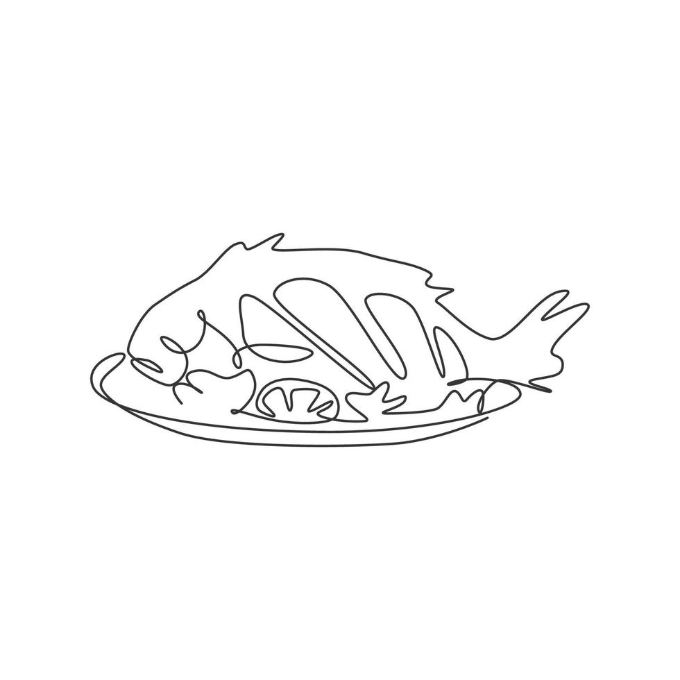 enkele doorlopende lijntekening gestileerd gebakken zeevis logo label. gegrild visrestaurantconcept. moderne één lijn tekenen ontwerp vector grafische illustratie voor café, winkel of voedselbezorgservice