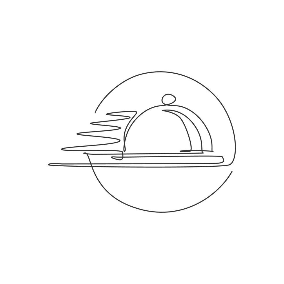 enkele doorlopende lijntekening van vliegende deksel lade cloche voor logo-label voor voedselbezorgservice. restaurant eten levering concept. moderne één lijn tekenen ontwerp vector grafische afbeelding