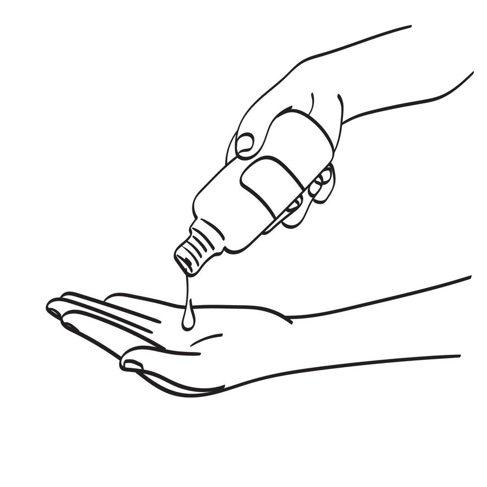 lijntekeningen handdesinfecterend middel alcoholgel wrijven schone handen hygiëne preventie van coronavirus virusuitbraak illustratie vector hand getekend geïsoleerd op witte achtergrond