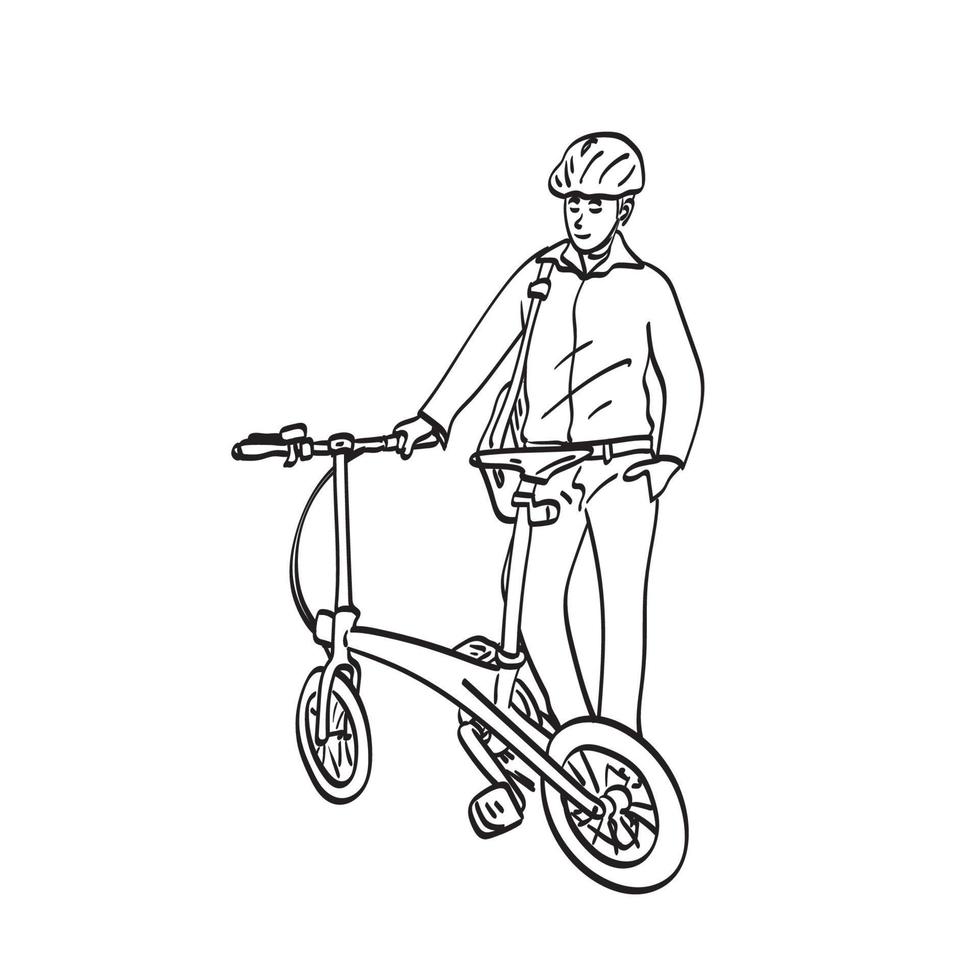 lijn kunst zakenman forens met fiets illustratie vector hand getekend geïsoleerd op witte achtergrond