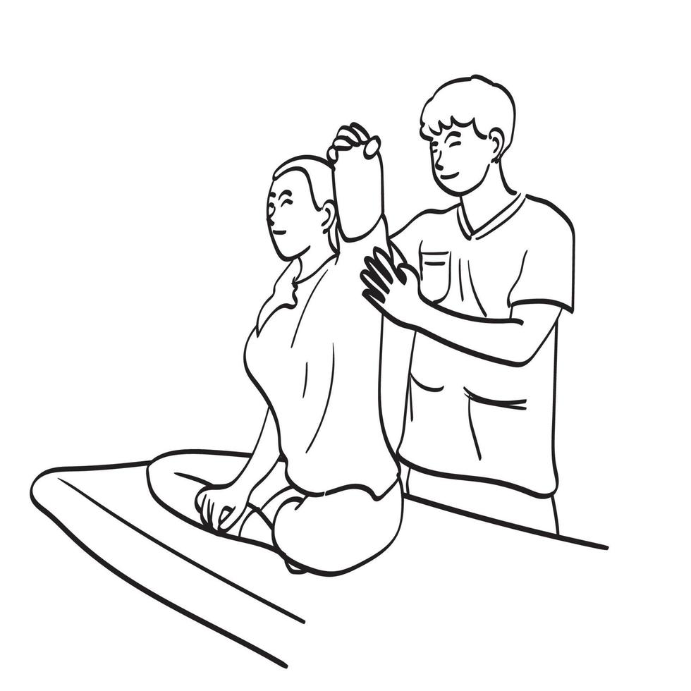 mannelijke fysiotherapeut werken met patiënt illustratie vector hand getekend geïsoleerd op witte achtergrond lijntekeningen.