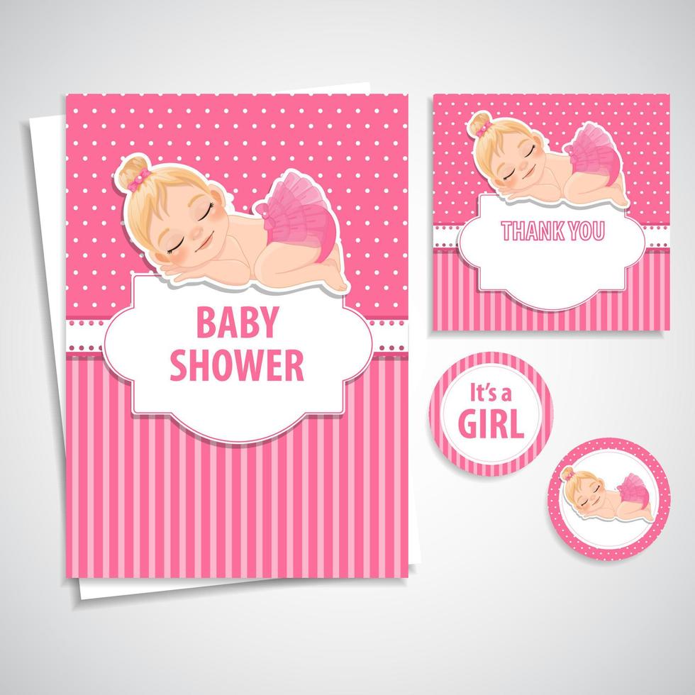 baby shower meisje thema uitnodiging sjabloon, baby meisje slapende cartoon karakter ontwerp vector