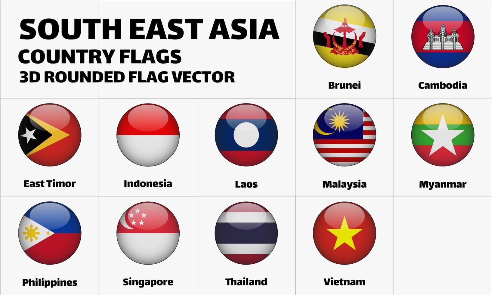Zuidoost-Azië land vlaggen 3d afgeronde vector