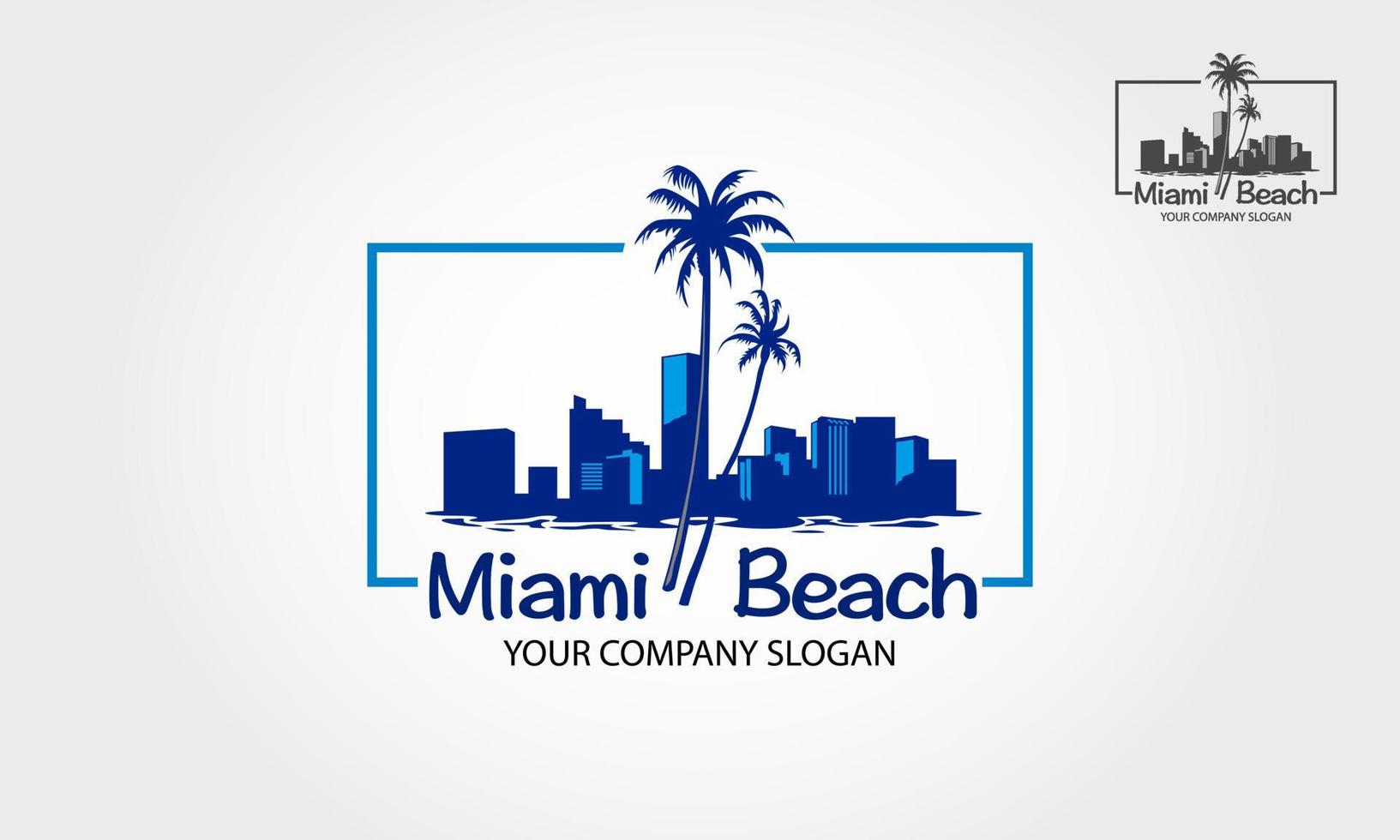 Miami beach vector logo in silhouet stijl met strand, palmboom en gebouwen vector illustratie.