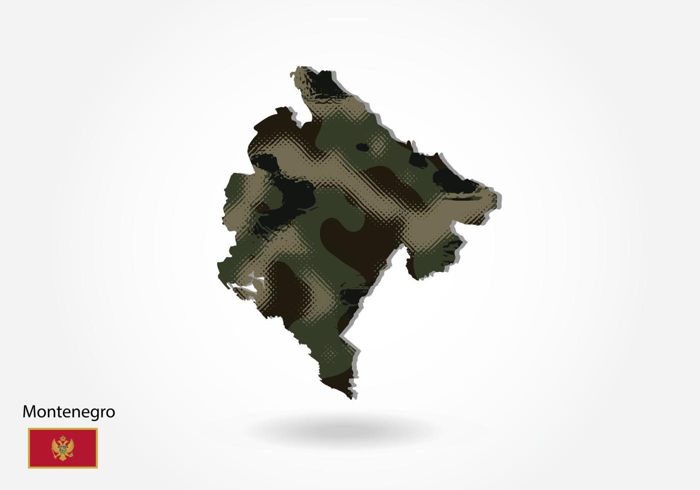 Montenegro kaart met camouflagepatroon, bos - groene textuur in kaart. militair concept voor leger, soldaat en oorlog. wapenschild, vlag. vector