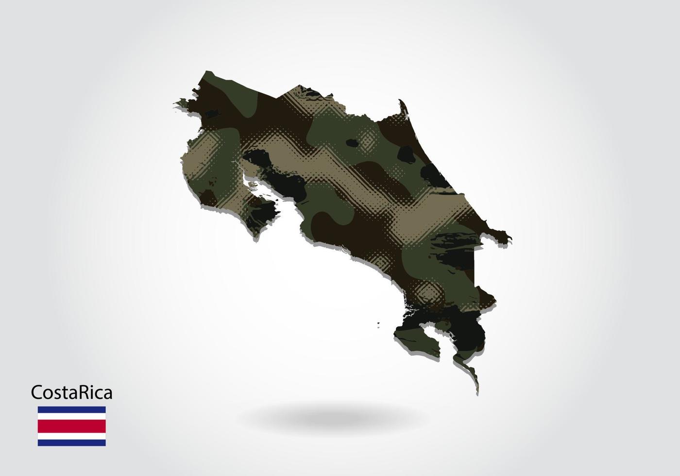 Costa Rica-kaart met camouflagepatroon, bos - groene textuur in kaart. militair concept voor leger, soldaat en oorlog. wapenschild, vlag. vector