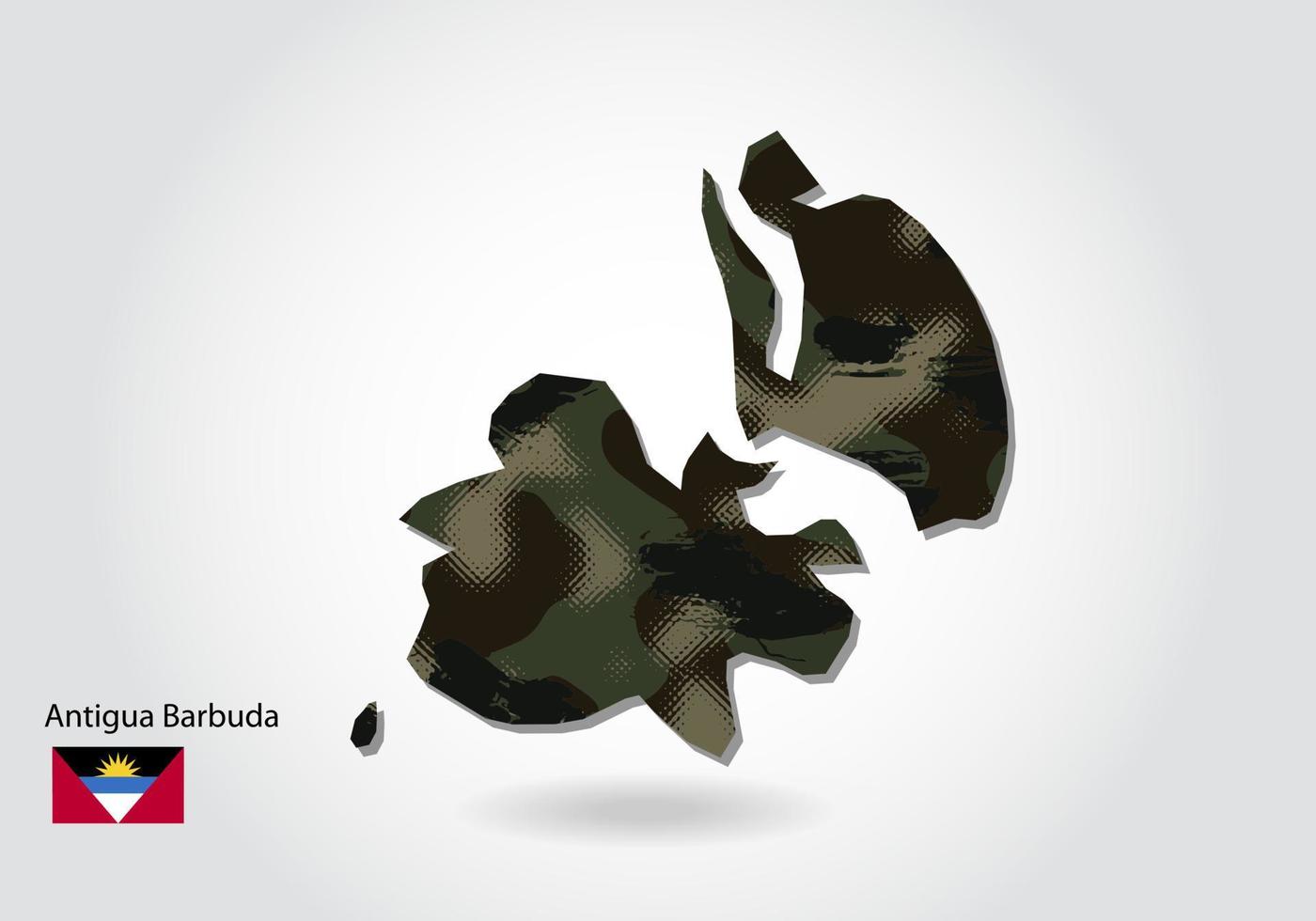 Antigua Barbuda-kaart met camouflagepatroon, bosgroene textuur in kaart. militair concept voor leger, soldaat en oorlog. wapenschild, vlag. vector
