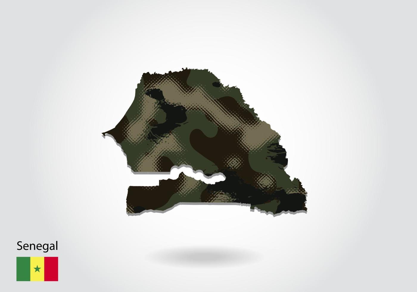 Senegal-kaart met camouflagepatroon, bos - groene textuur in kaart. militair concept voor leger, soldaat en oorlog. wapenschild, vlag. vector